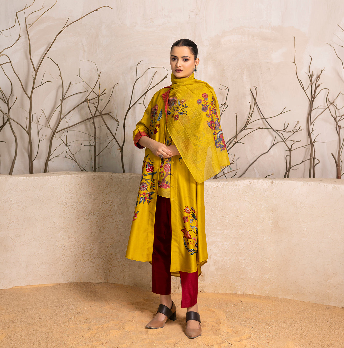 Yellow Thin Chanderi Floral Printed Stole (1 PC)