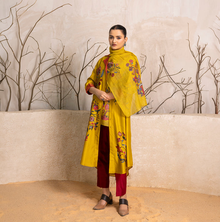 Yellow Thin Chanderi Floral Printed Stole (1 PC)