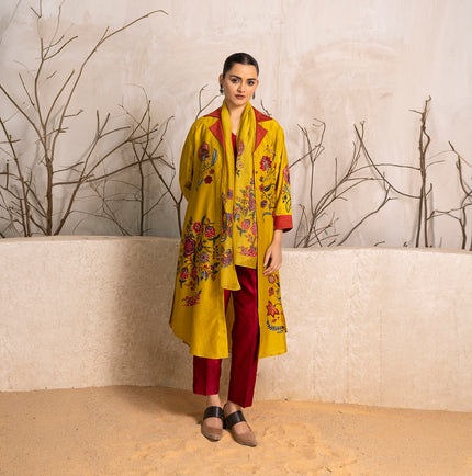 Yellow Silk Chanderi Chintz Printed Front Open Dress (1 PC)