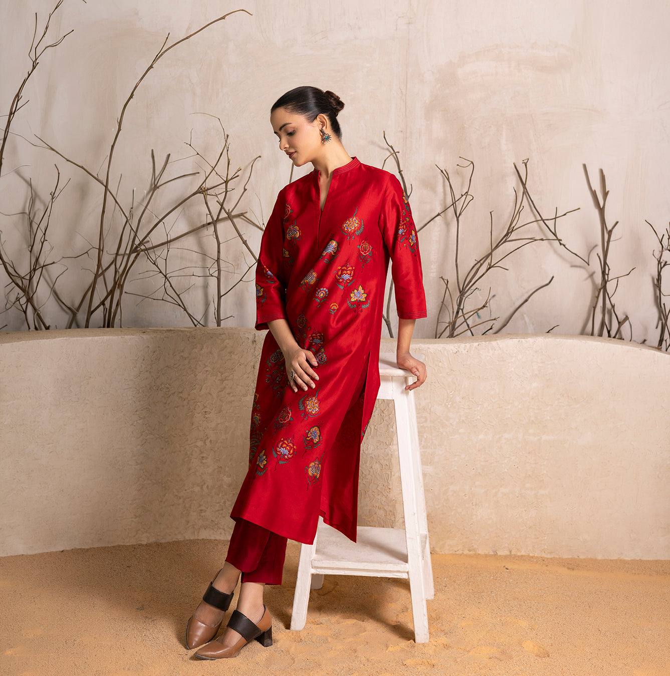 Bright Red Silk Chanderi Printed Tunic (1 PC)