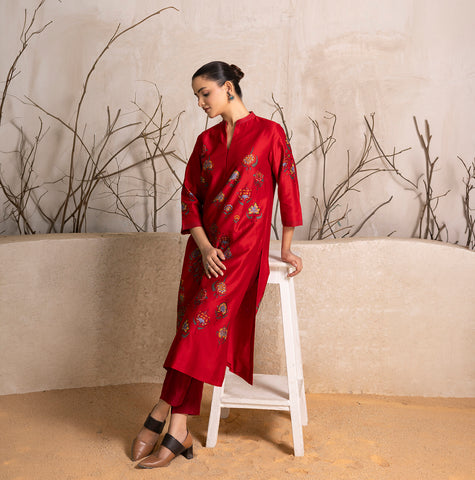 Bright Red Silk Chanderi Printed Tunic (1 PC)
