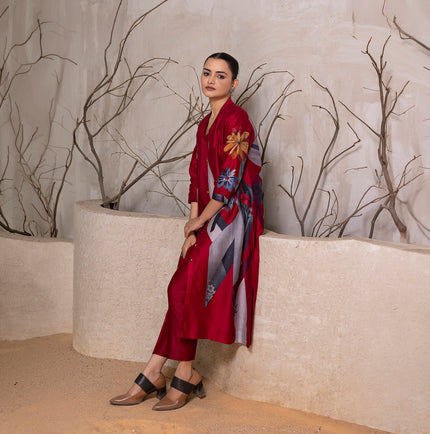 Red Silk Chanderi Printed Front Open Dress (1 PC)