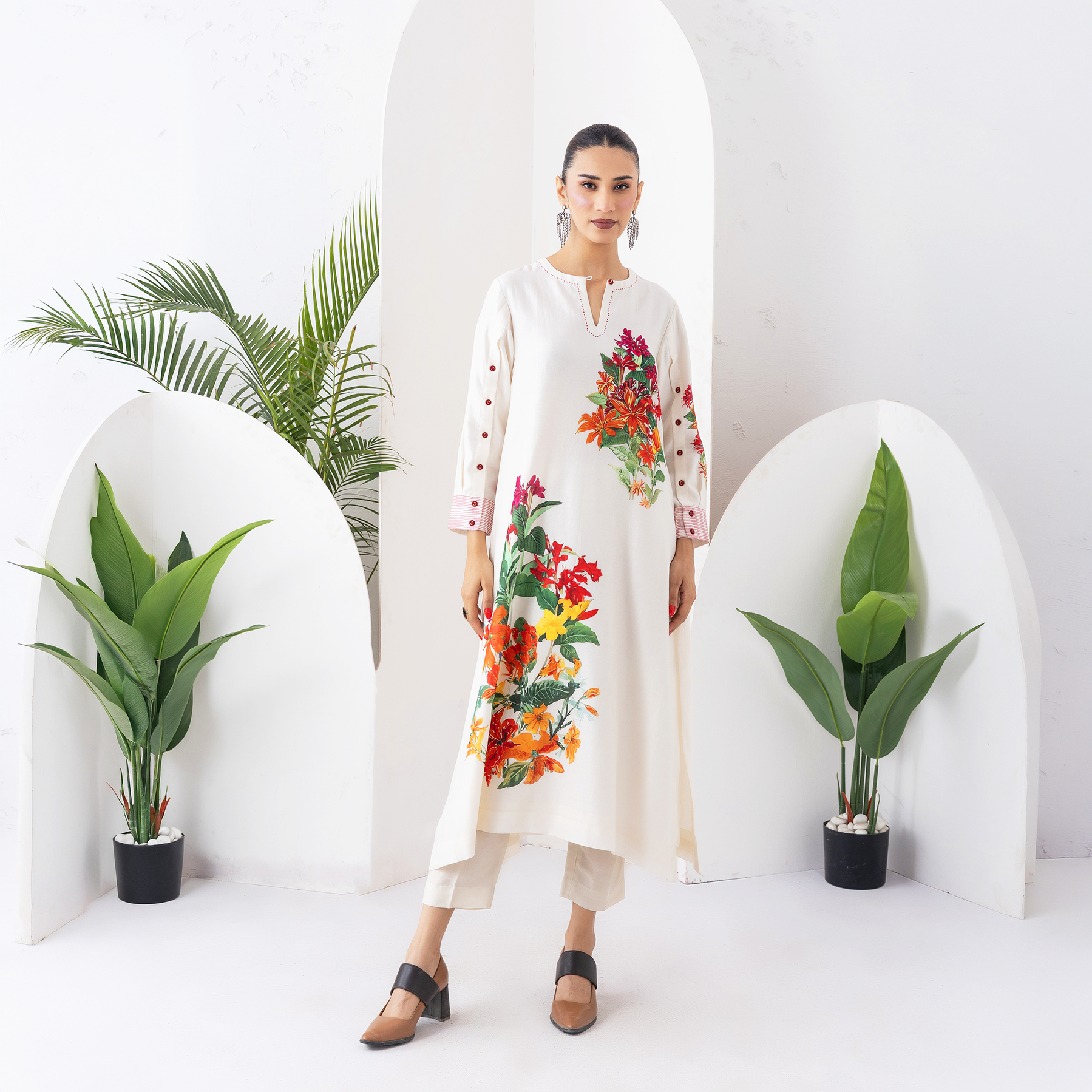 Ivory Silk Chanderi Tunic With Artistic Floral Placement Prints (1 PC)