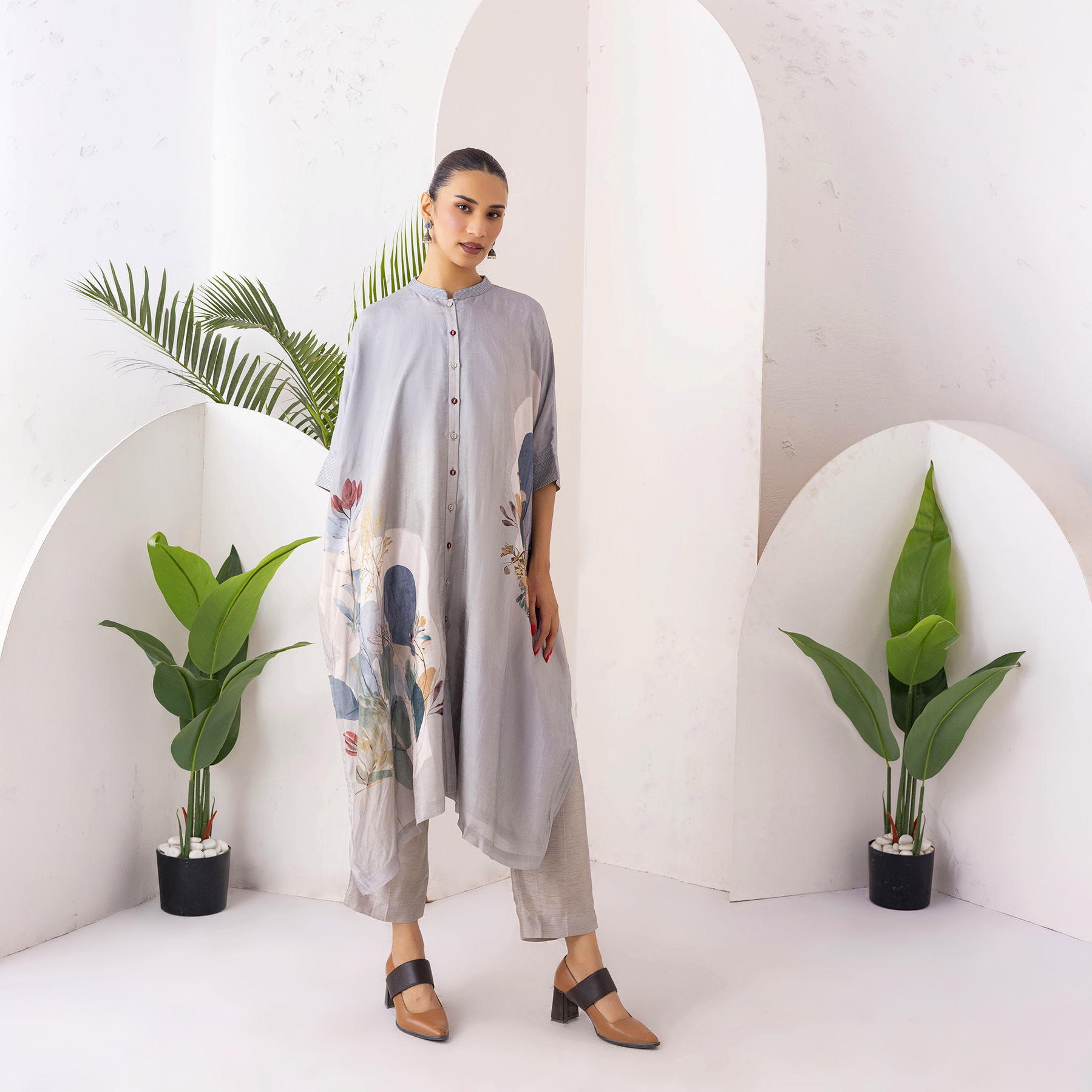 Grey Viscose Dupion Printed Kaftan Style Dress (1 PC)
