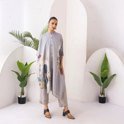 Grey Viscose Dupion Printed Kaftan Style Dress (1 PC)