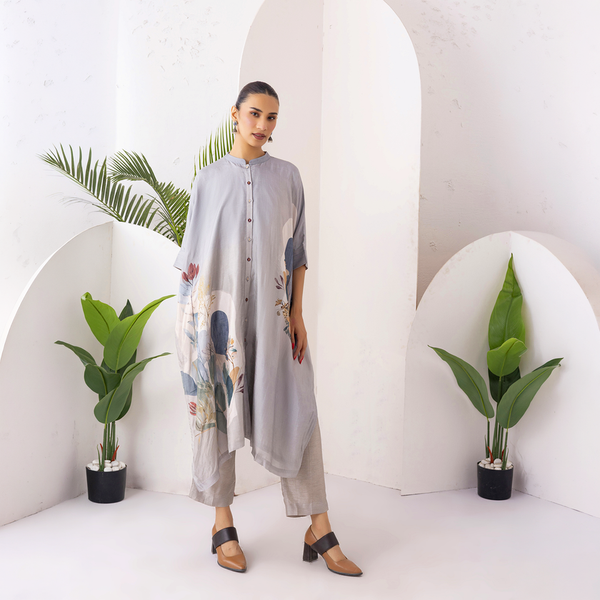 Grey Viscose Dupion Printed Kaftan Style Dress (1 PC)