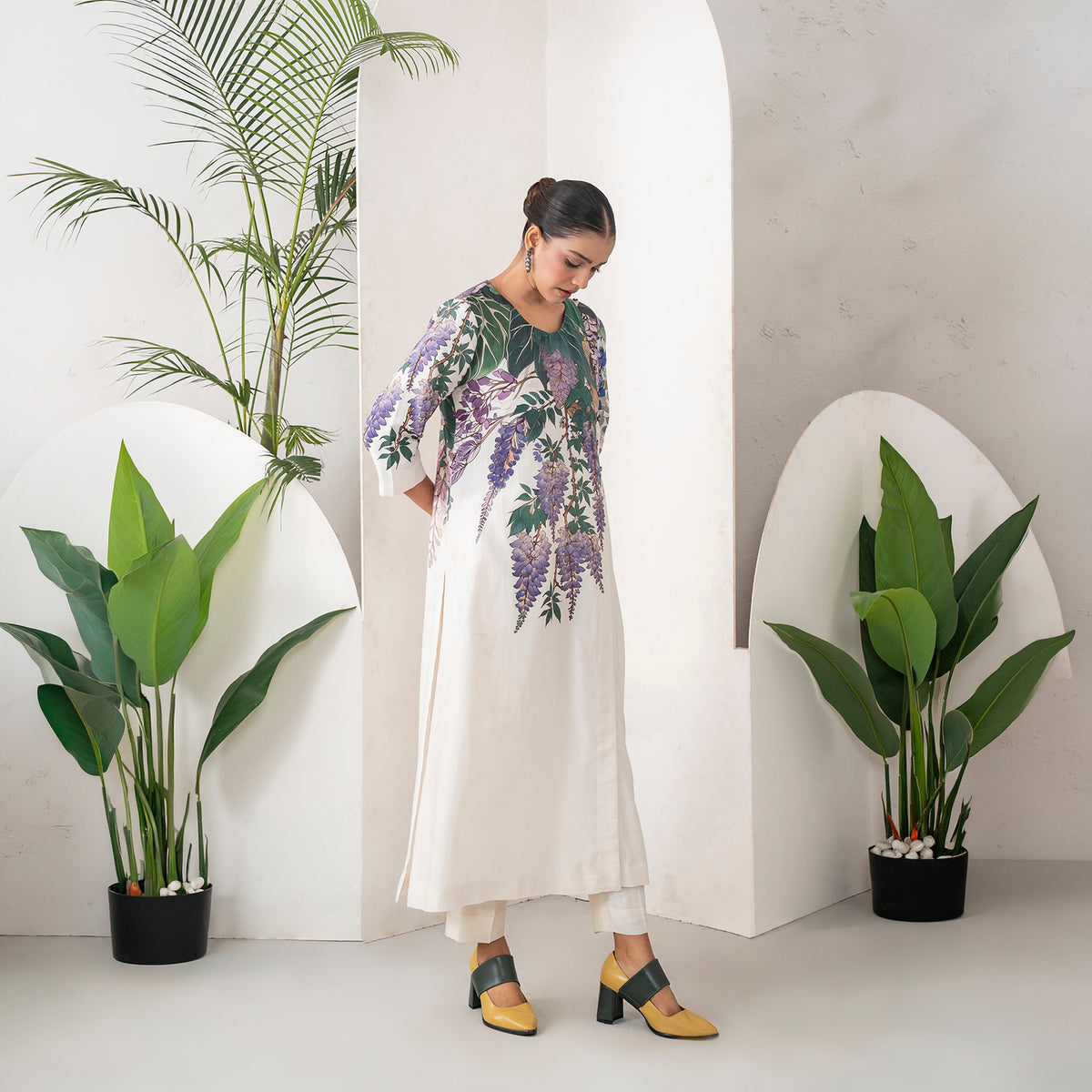 Ivory Silk Chanderi Side Panel Wisteria Printed Dress (1 PC)