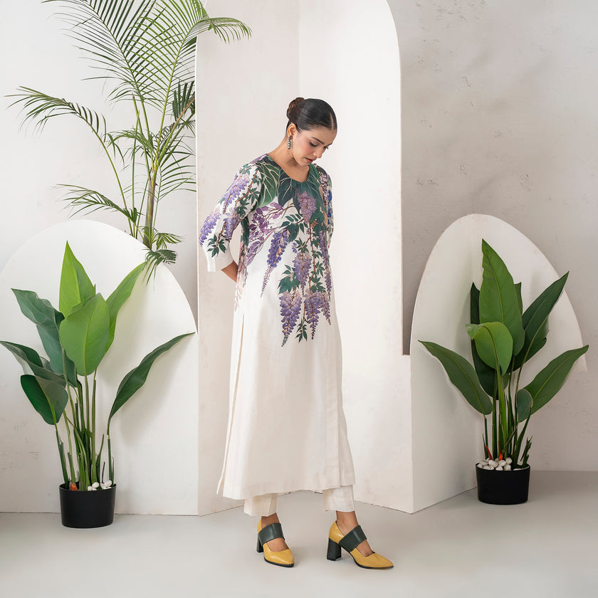 Ivory Silk Chanderi Side Panel Wisteria Printed Dress (1 PC)