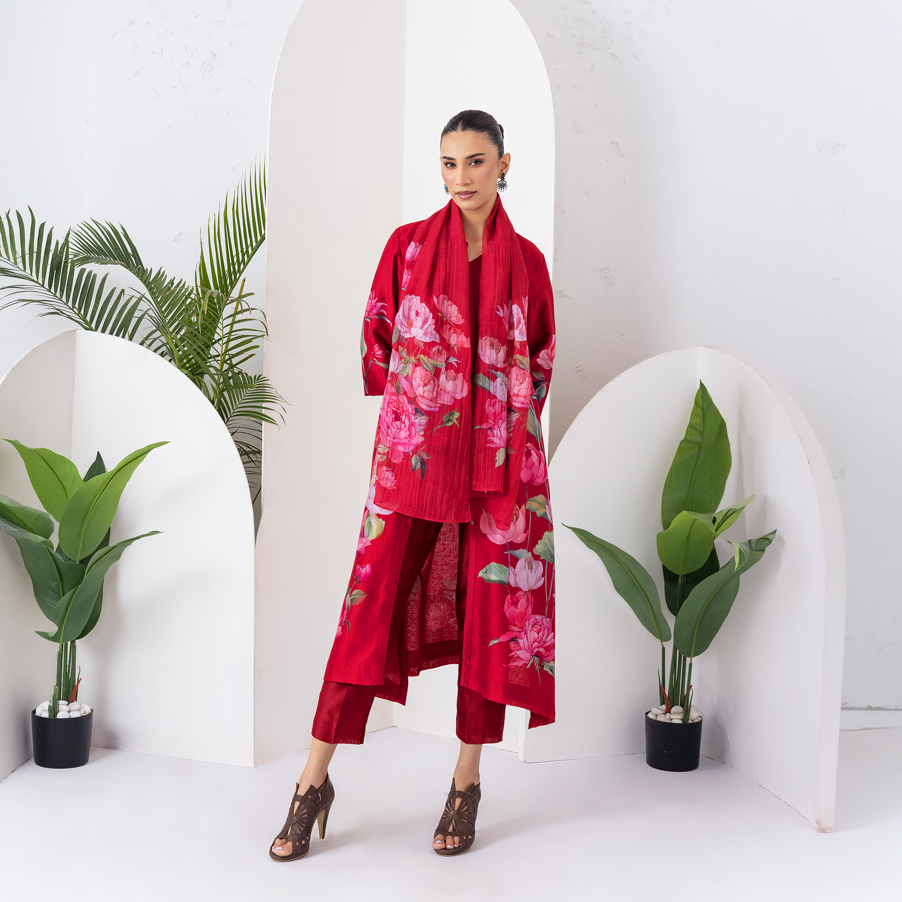 Maroon Silk Chanderi Printed Front Open Dress (1 PC)