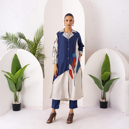 Blue & Ivory Silk Chanderi Printed Front Open Dress (1 PC)