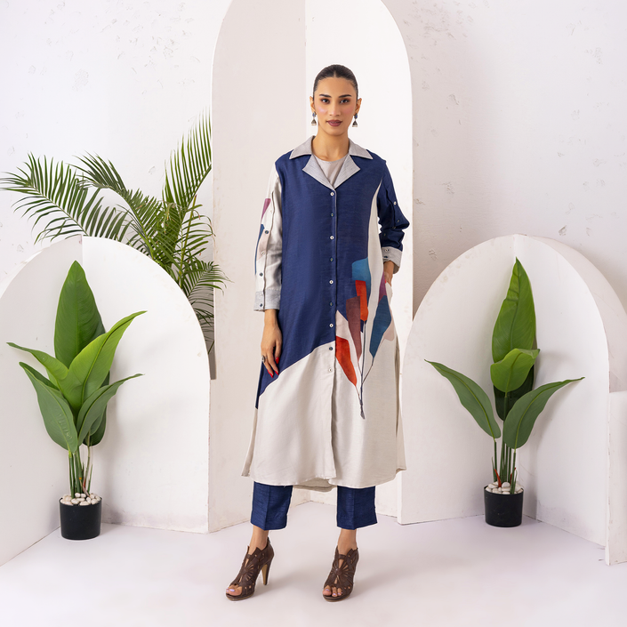 Blue & Ivory Silk Chanderi Printed Front Open Dress (1 PC)