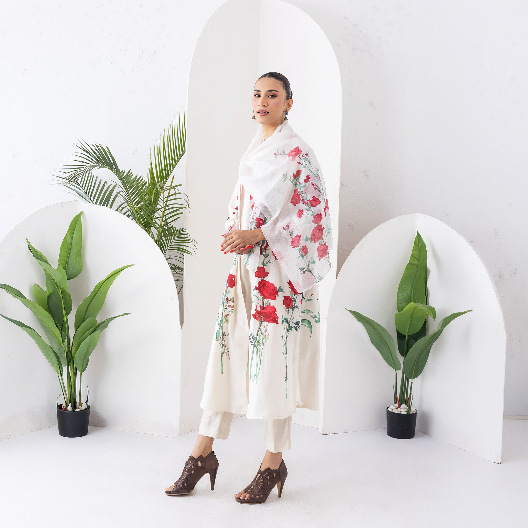 Ivory Silk Chanderi Front Open Printed Dress (1 PC)