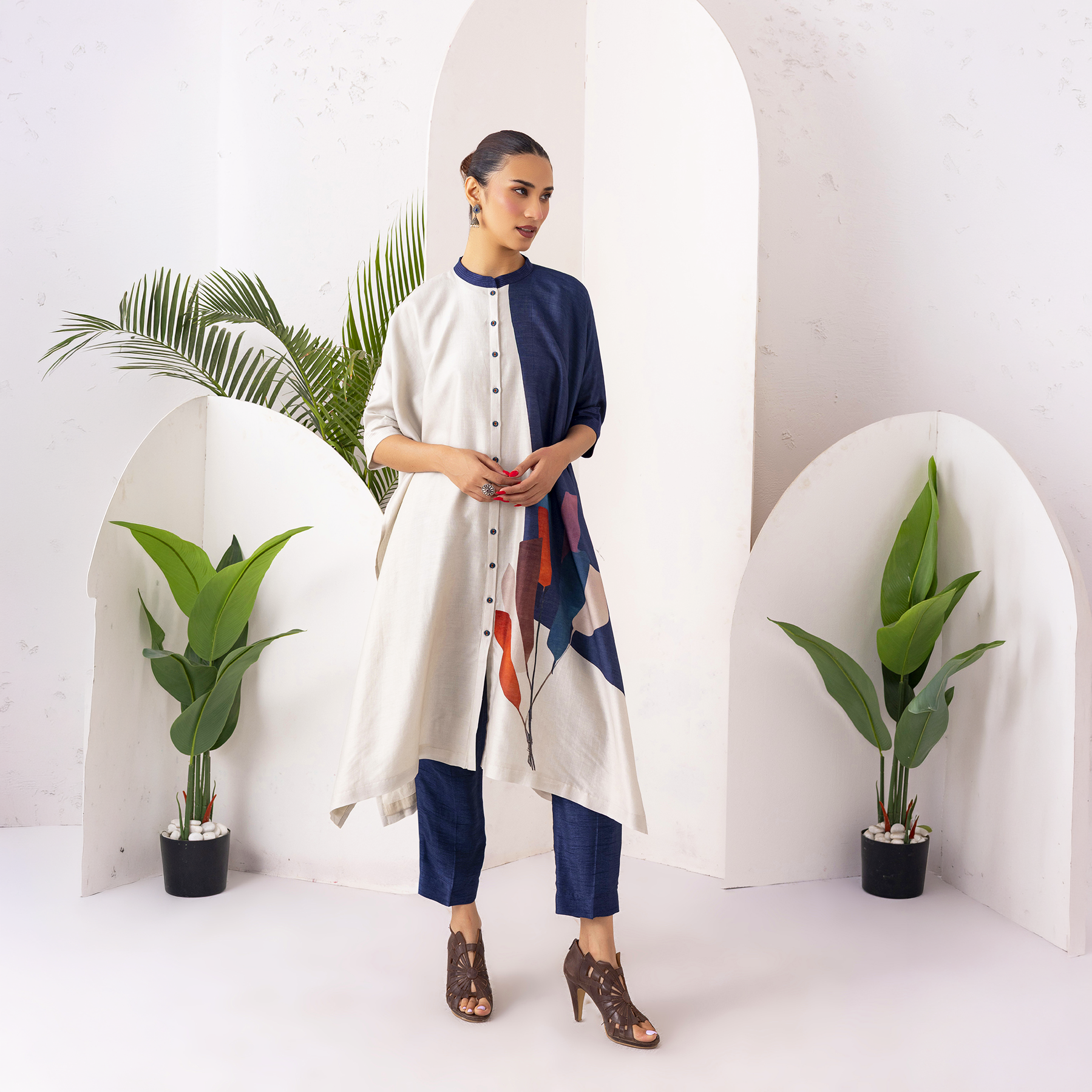 Blue & Ivory Silk Chanderi Printed Kaftan Style Dress (1 PC)