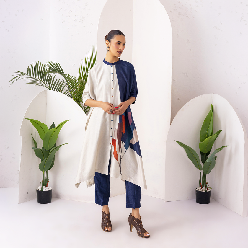 Blue & Ivory Silk Chanderi Printed Kaftan Style Dress (1 PC)