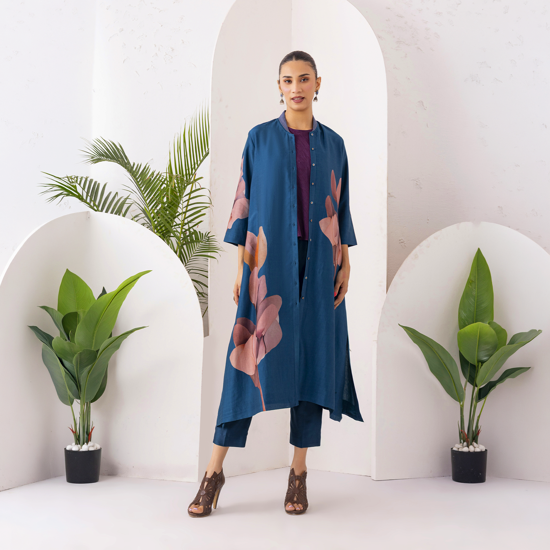 Indigo Silk Chanderi Leaf Printed Dress (1 PC)