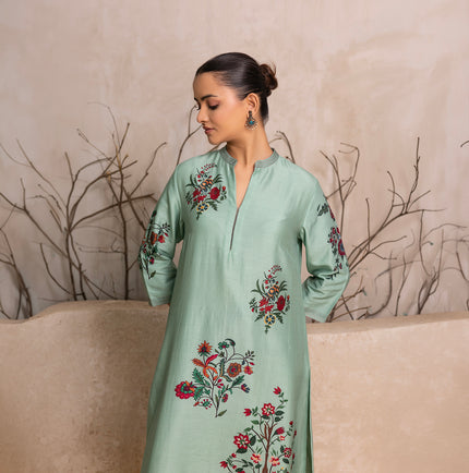 Mint Silk Chanderi Floral Boota Printed Tunic (1 PC)