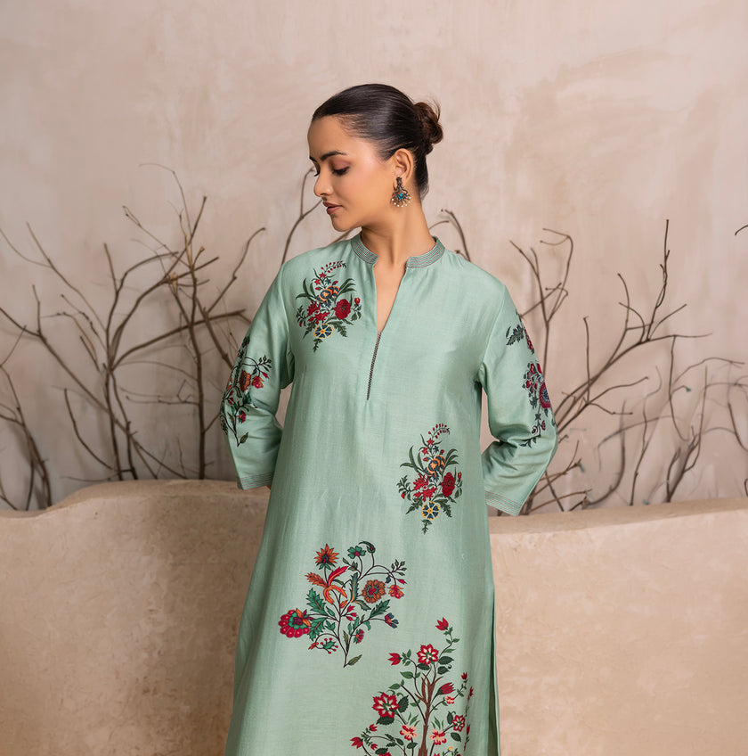 Mint Silk Chanderi Floral Boota Printed Tunic (1 PC)