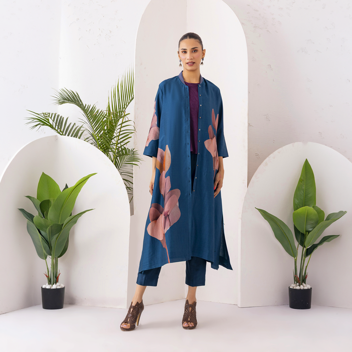 Indigo Silk Chanderi Leaf Printed Dress (1 PC)