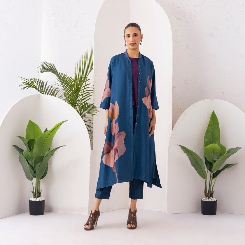 Indigo Silk Chanderi Leaf Printed Dress (1 PC)