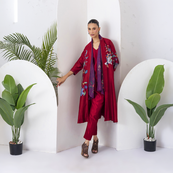 Maroon Silk Chanderi Floral Printed Front Open Dress (1 PC)