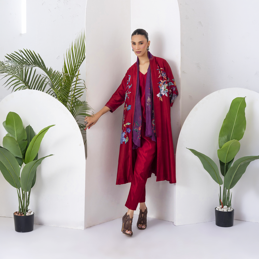 Maroon Silk Chanderi Floral Printed Front Open Dress (1 PC)
