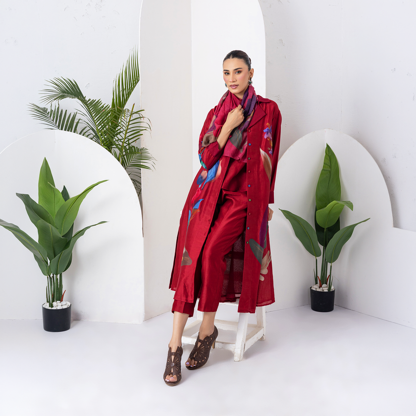 Red Silk Chanderi Printed Front Open Dress (1 PC)