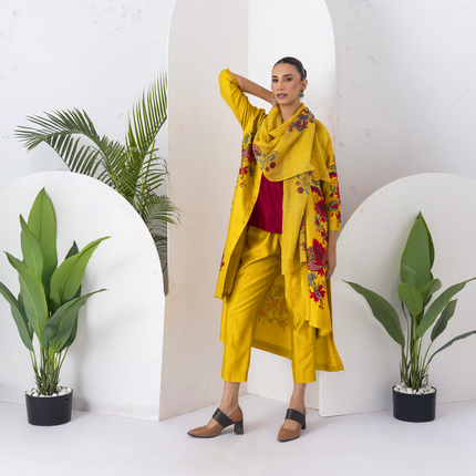 Yellow Silk Chanderi Printed Front Open Floral High-Low Dress (1 PC)