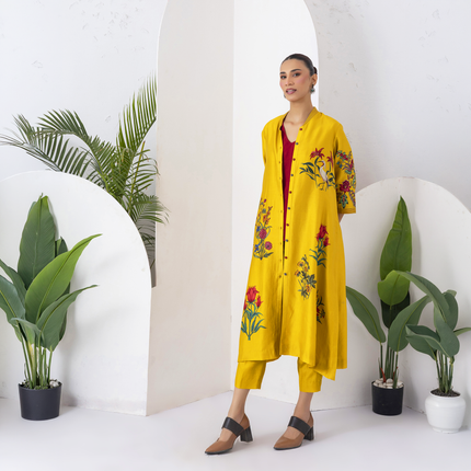 Yellow Silk Chanderi Floral Printed Front Open Dress (1 PC)