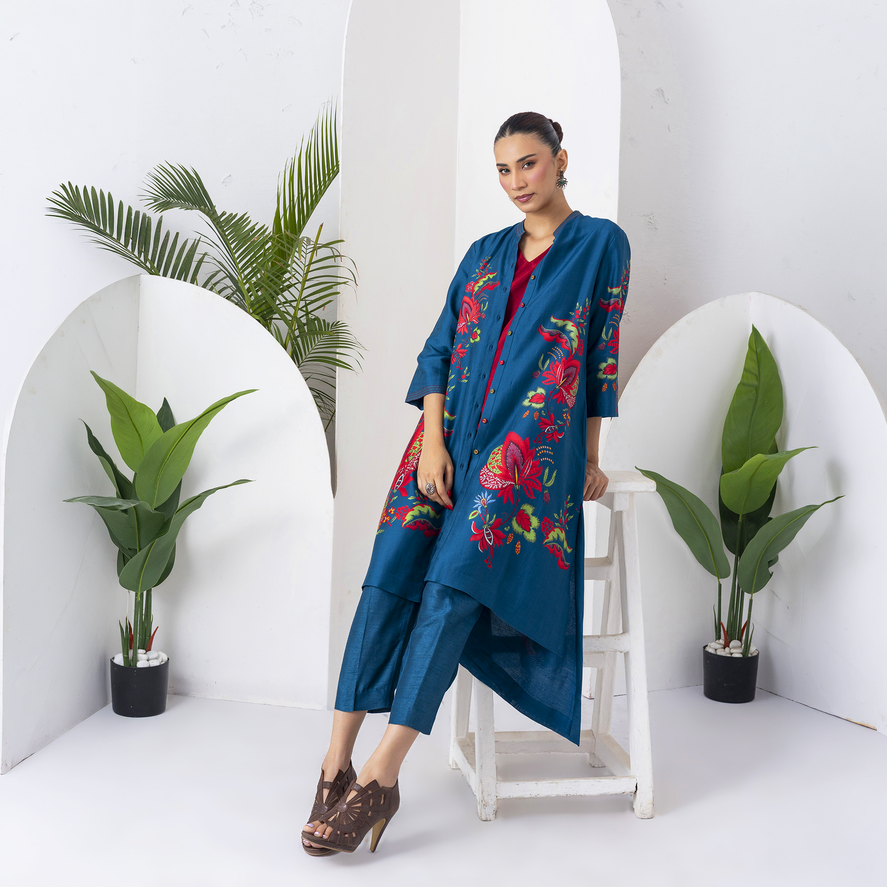 Indigo Silk Chanderi Printed Front Open Floral High-Low Dress (1 PC)