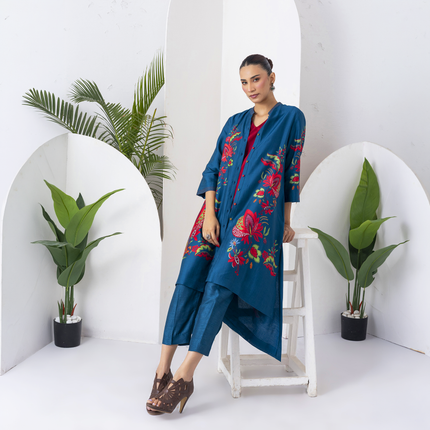 Indigo Silk Chanderi Printed Front Open Floral High-Low Dress (1 PC)