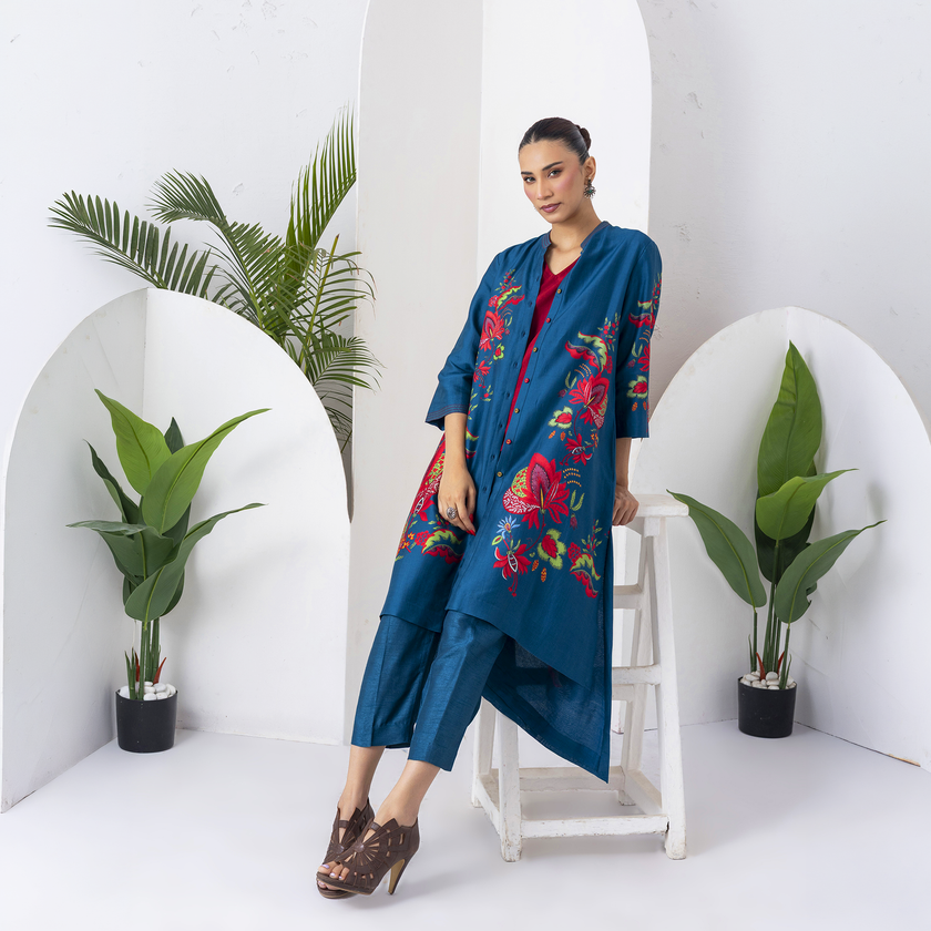 Indigo Silk Chanderi Printed Front Open Floral High-Low Dress (1 PC)