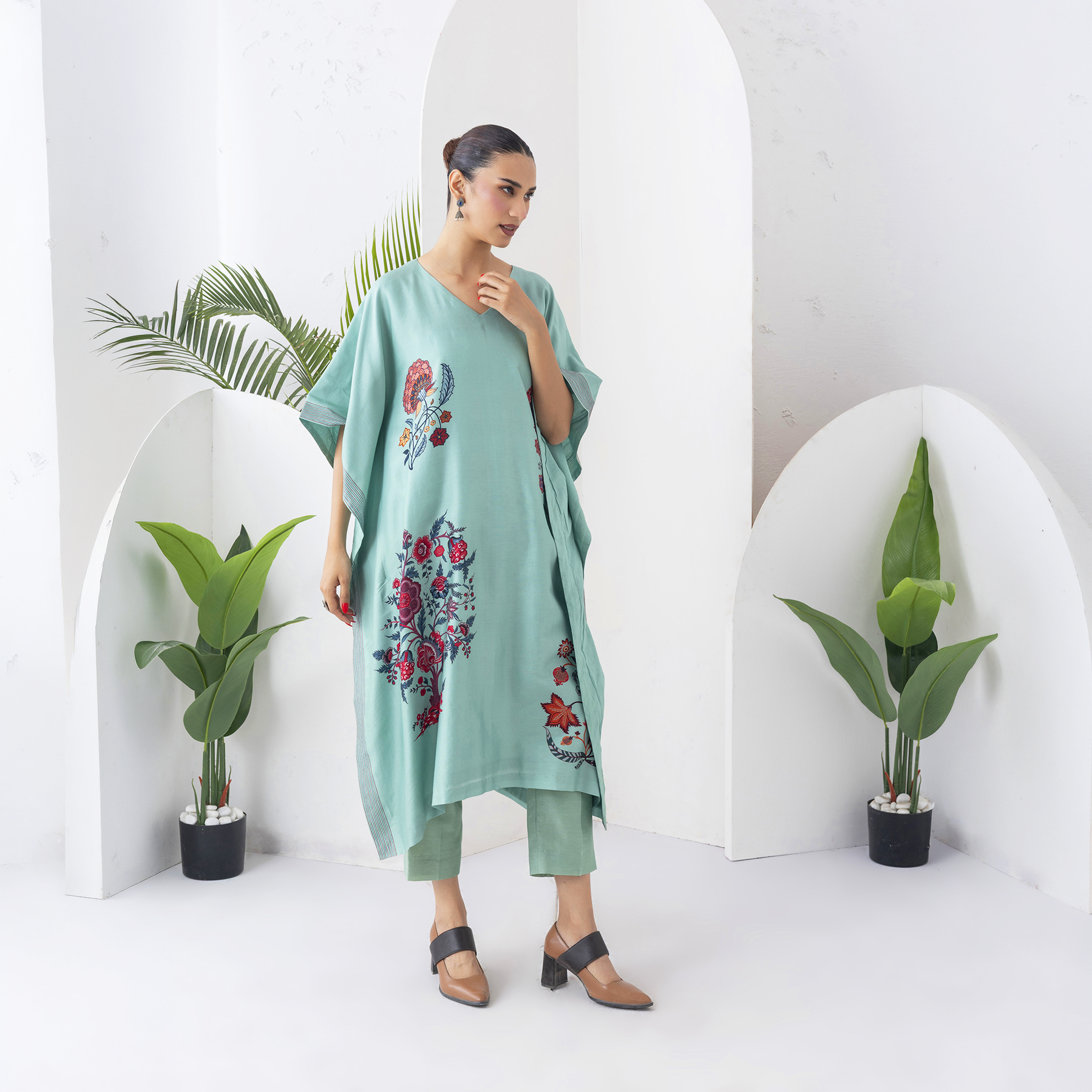 Mint Silk Chanderi Chintz Printed Kaftan (1 PC)