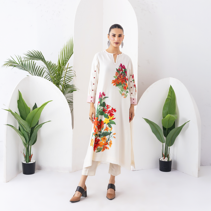 Ivory Silk Chanderi Tunic With Artistic Floral Placement Prints (1 PC)