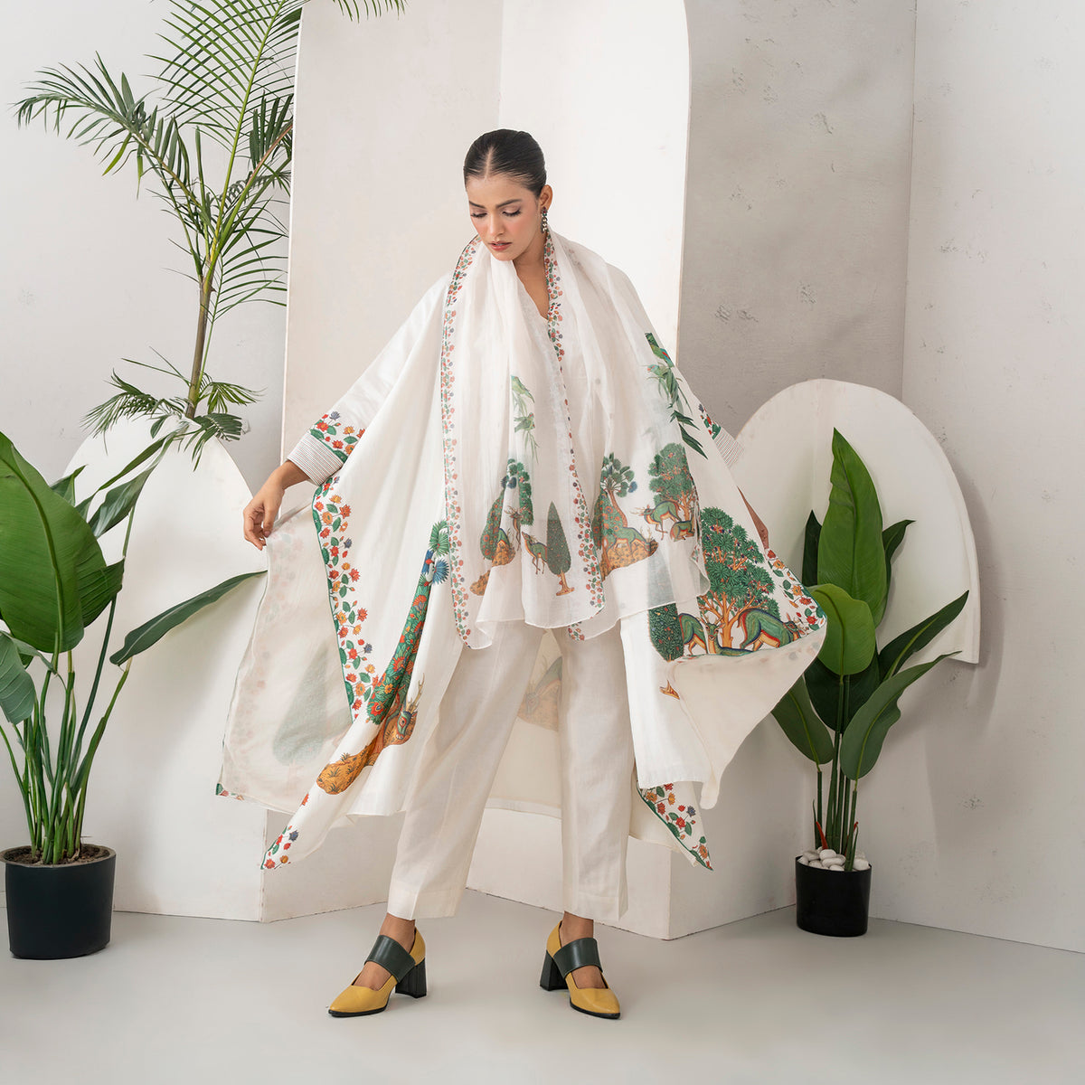 Ivory Silk Chanderi Folk Tale Printed Kaftan (1 PC)