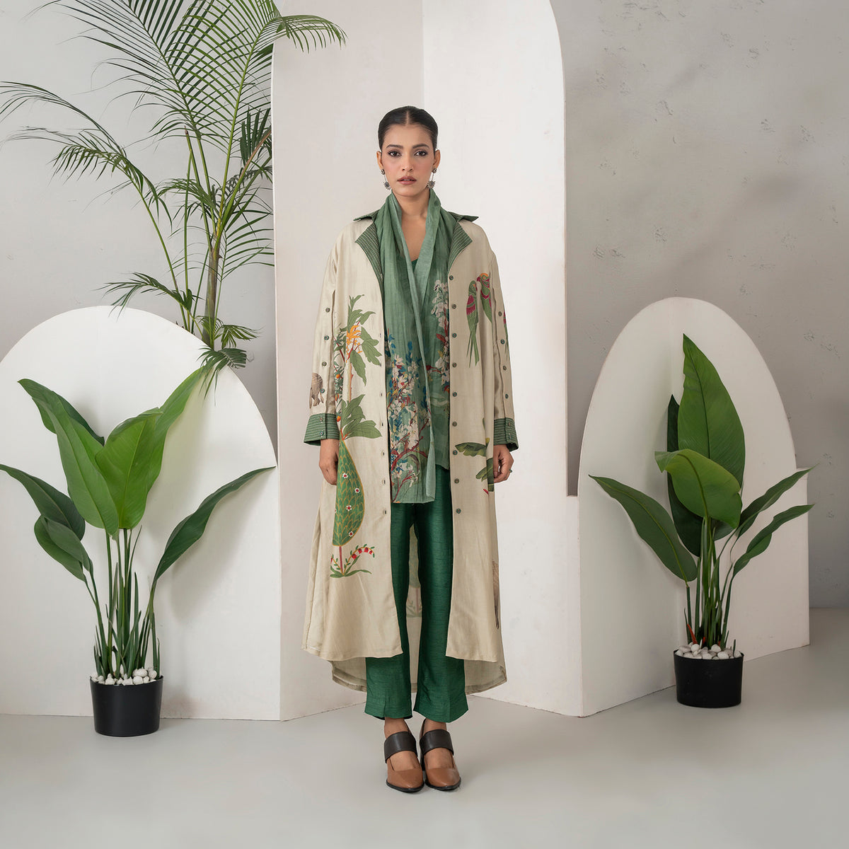 Beige Silk Chanderi Nature-Inspired Printed Dress (1 PC)