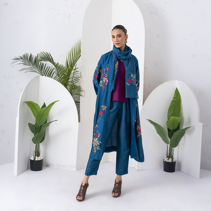 Indigo Silk Chanderi Floral Printed Front-Zip Dress (1 PC)