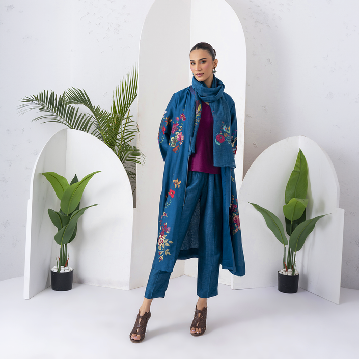 Indigo Silk Chanderi Floral Printed Front-Zip Dress (1 PC)
