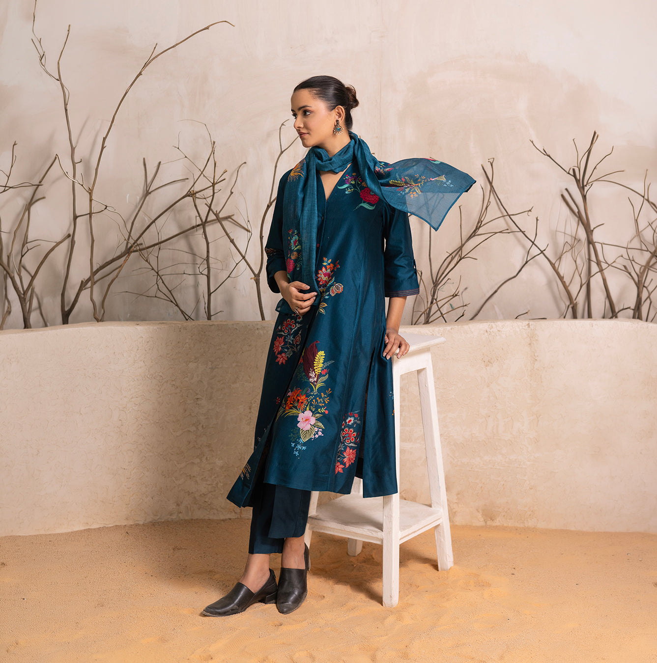 Indigo Silk Chanderi Printed High-Low Dress (1 PC)