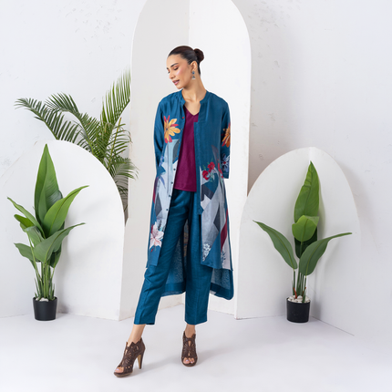 Indigo Silk Chanderi Printed High-Low Dress (1 PC)