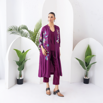 Wine Silk Chanderi Floral Printed Front Open Dress (1 PC)