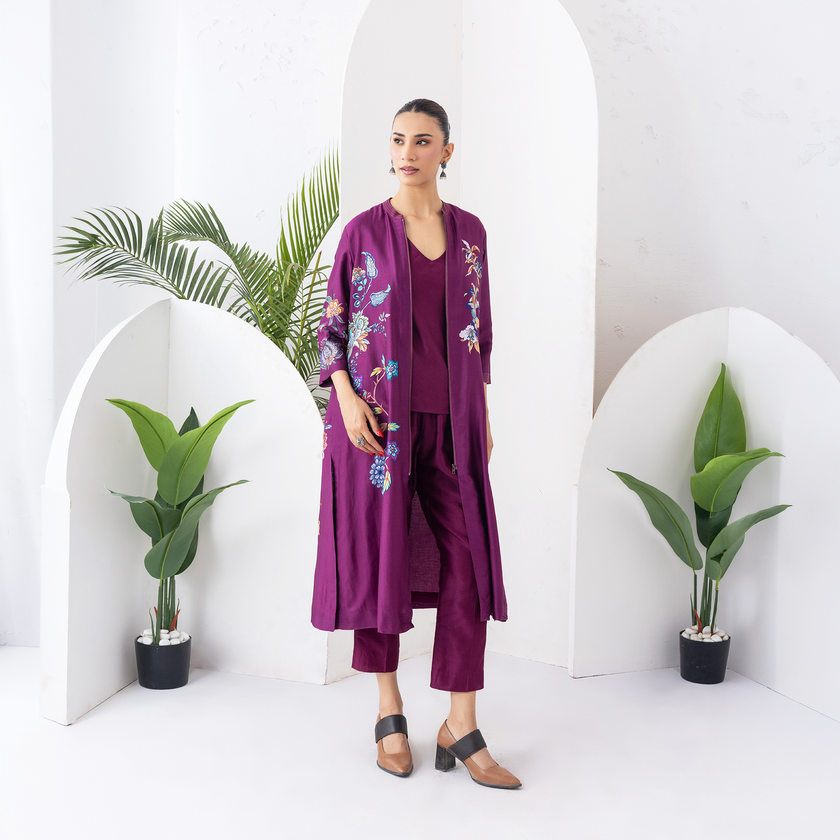 Wine Silk Chanderi Floral Printed Front Open Dress (1 PC)
