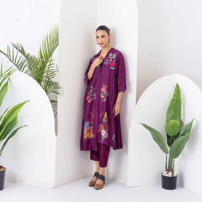 Wine Silk Chanderi Printed High-Low Dress (1 PC)