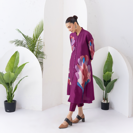 Wine Silk Chanderi Printed Dress (1 PC)