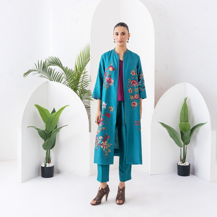 Emerald Silk Chanderi Floral Printed Front-Zip Dress (1 PC)
