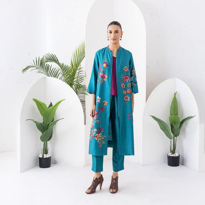Emerald Silk Chanderi Floral Printed Front-Zip Dress (1 PC)