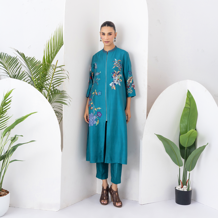 Emerald Silk Chanderi Floral Printed Front Open Dress (1 PC)