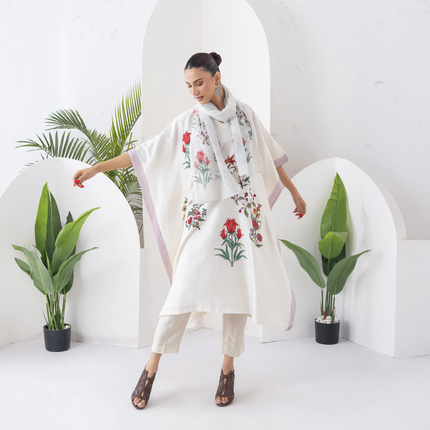 Ivory Silk Chanderi Floral Printed Kaftan (1 PC)