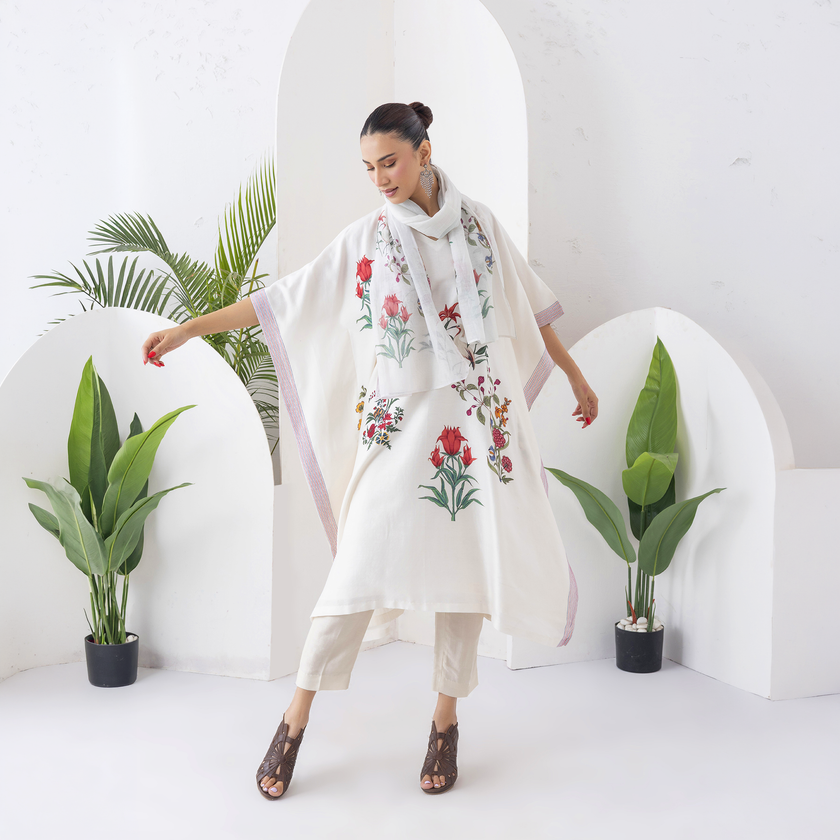 Ivory Silk Chanderi Floral Printed Kaftan (1 PC)