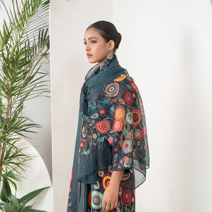 Charcoal Thin Chanderi Striking Floral Illustration Printed Stole (1 PC)