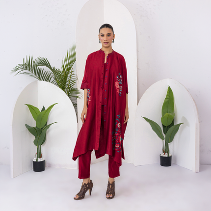 Maroon Silk Chanderi Printed Kaftan Style Dress (1 PC)